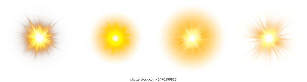 Set of bright stars. Sunlight translucent special design light effect on a white background. Vector illustration