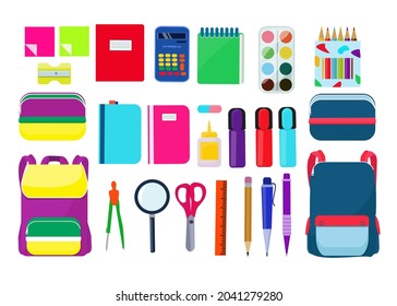 A set of bright stationery and accessories for school. Backpack pencil case and filling for them. Vector isolated flat images.