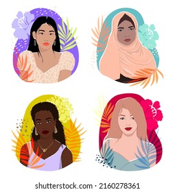 A set of bright sticker prints with various girls, palm leaves and flowers. Juicy hand drawn illustration for modern design.