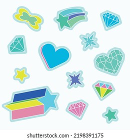 set of bright stickers diamond hearts and stars