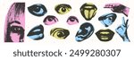 Set of bright stickers for eyes, mouth, head with retro photocopy effect, for decorating collages in grunge style. The elements have a grainy texture. Vector illustration.
