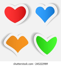 Set of bright stickers in form of heart. Valentine's Day. Vector illustration.