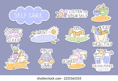 A set of bright stickers on the theme of mental health. Collection for diary, diaries, scrapbooking isolated. Self love, self care, mental health. Vector hand drawn illustration.