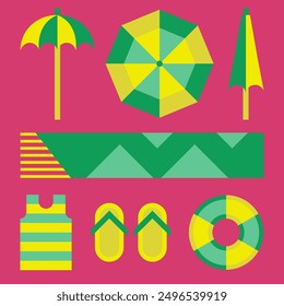 A set of bright stickers on the theme of summer. Image of beach umbrellas, mat, tank top, flip flops and lifebuoy. Vector elements. Dynamic geometric design on a pink background.