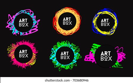Set of bright stickers for stylish design. The black area for your logo or text on a colorful background of neon lines.