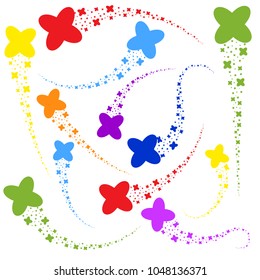 A set of bright streams of abstract stars in the form of a cross. Colorful silhouette. Simple flat vector illustration isolated on white background.