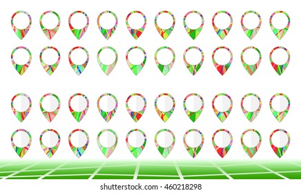 Set of bright striped colored map markers with contour. Illustration for design on white background. Vector
