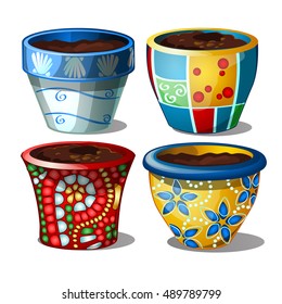 Set of bright stylish ceramic flower pots isolated on white background. Vector illustration.
