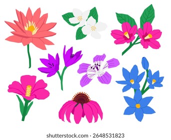 Set of bright stylized vector flowers in flat style. The collection includes colorful flowers - pink, purple, blue, white - with and without leaves, each with a unique petal shape. Vector illustration