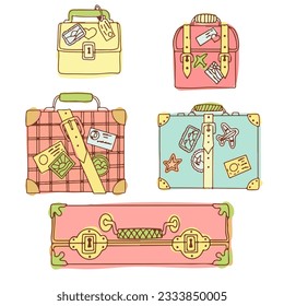 A set of Bright Suitcases for travel. Hand luggage. Bag. Entertainment, moving to another country. Vector illustration on white background in doodle style.