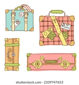 A set of Bright Suitcases for travel. Hand luggage. Bag. Entertainment, moving to another country. Vector illustration on white background in doodle style.