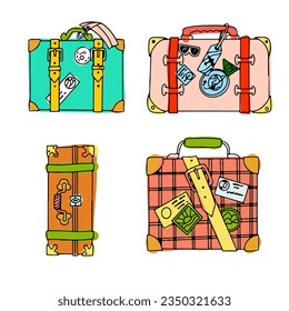 Un conjunto de maletas brillantes para viajar. Equipaje de mano. Bolsa. Entretenimiento, mudándose a otro país. Ilustración vectorial sobre fondo blanco en estilo doodle.