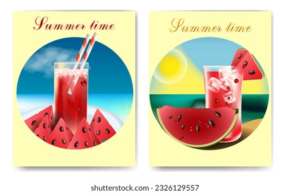 Set of bright summer backgrounds for menu, party, leisure. Watermelon and juice on a sunny beach background
