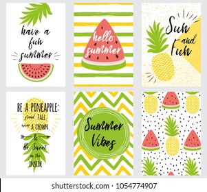 Set of bright summer banners with summer quotes fresh fruits shapes: pineapple watermelon tropical leaf Vector illustration Hand drawn cards with text Hello Summer Sun Fun Summer Vibes Be a Pineapple