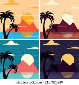 Set of bright summer beach vintage illustrations. Summer background. Tropical seascape silhouette palm tree, mountains Vector flat illustration for banner travel holidays