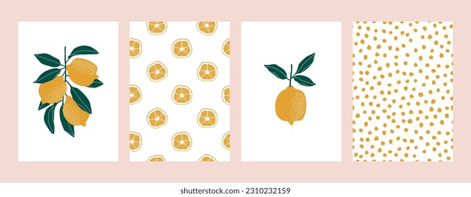 Set of bright summer cards with lemon, lemon slice, patterns. Vector illustration