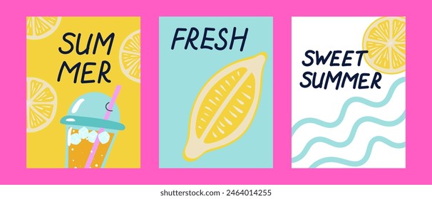 Set of bright summer cards with lemonade, lemon and hand drawn lettering. Perfect for summertime posters, banners, gift,print. Vector illustration.