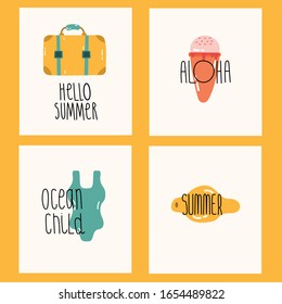 Set of bright summer cards.Summer postcards with a suitcase, ice cream, swimsuit and lemon and handwritten text. Simple flat vector illustration.Set of rectangle gift tag, card, postcard