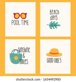 Set of bright summer cards.Summer postcards with glasses, bag, hat and palm leaf and handwritten text. Simple flat vector illustration.Set of rectangle gift tag, card, postcard