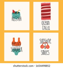 Juego de tarjetas de verano brillantes.Postales de verano con bebida, toalla de playa, traje de baño, gafas de sol y texto escrito a mano. Simple ilustración vectorial plana.Conjunto de etiquetas de regalo rectangulares, tarjeta, postal