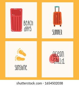 Set of bright summer cards.Summer postcards with with swimming mattresses, suitcase, sink, footprints and handwritten text. Simple flat vector illustration.Set of rectangle gift tag, card, postcard