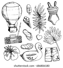 Set of bright Summer doodle sticker, hand draw elements