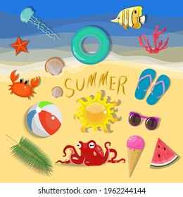 Set of bright summer elements, icons. For the design of covers, wallpapers, T-shirt prints, postcards, packages. Sun, food, crab, fish, starfish, octopus, shell, jellyfish, beach, waves, background.