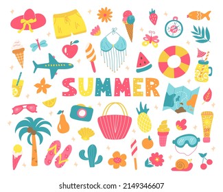 Set of bright summer elements, vacation on the beach, weekend, trip to the sea. Drinks, pineapple, flowers, lemonade, clothes. Vector illustration for poster design, postcards, scrapbooking