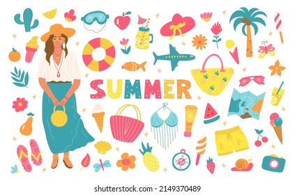 Set of bright summer elements, vacation on the beach, weekend, trip to the sea. Girl in summer clothes, drinks,pineapple, flowers, lemonade, clothes. Vector illustration for poster design, postcards