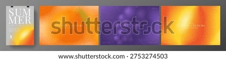 Set of bright summer gradient banners. Vibrant vector cards with colourful gradients and blurred summer fruit and berries. Collection of grainy backgrounds for summer events, branding, cover, sale.