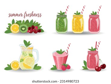 Set of bright summer icons with fruits, berries, yogurt, smoothies and homemade lemonade.