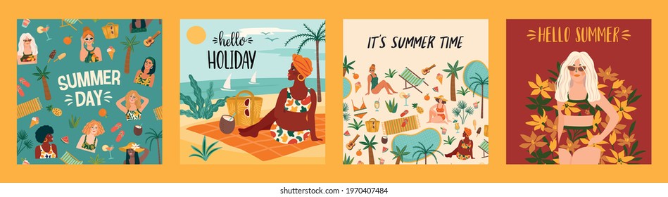 Set of bright summer illustrations with cute women. Summer holliday, vacation, travel. Vector templates for card, poster, flyer, banner and other use