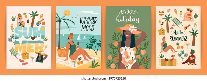 Set of bright summer illustrations with cute women. Summer holliday, vacation, travel. Vector templates for card, poster, flyer, banner and other use