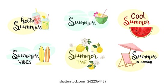A set of bright summer lettering on a white background. Vector illustration.