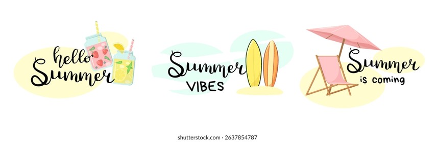 A set of bright summer lettering on a white background. Vector illustration.