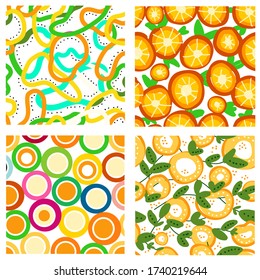 Set of bright summer patterns. Seamless backgrounds for posters, parties, typographic products. Orange circles, oranges, colored stripes.