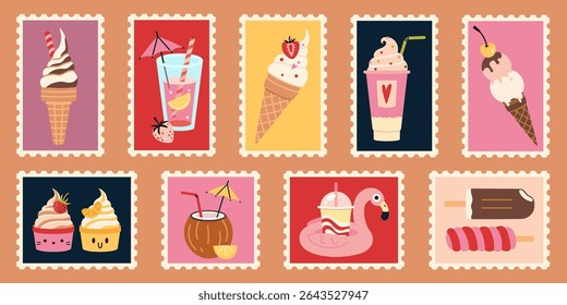 Set of bright summer postage stamps with ice cream, frozen desserts, fruity drinks, milkshakes and tropical cocktails. Trendy modern vector illustration, hand drawn, flat design