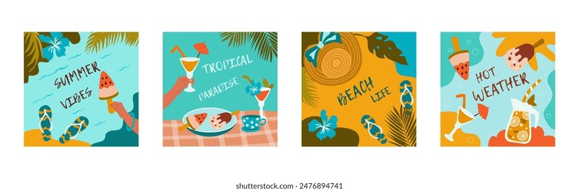 Set bright summer postcard.  Beautiful summer beach holiday poster. Vector illustration.