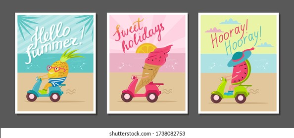 A set of bright summer posters with funny fruits and lettering for nursery design. Cartoon pineapple, ice cream and watermelon characters ride by scooters along the sea coast.