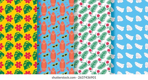 Set of bright summer seamless backgrounds. Patterns with palm leaves, flowers, shells, beach vibe. Summer vacation mood prints, vector graphics