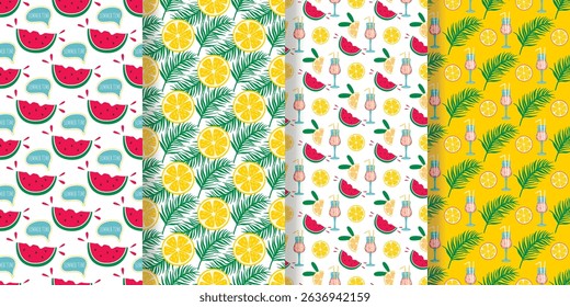Set of bright summer seamless patterns. Fruits, cocktails with palm leaves background. Yarn vacation and rest print, vector graphics
