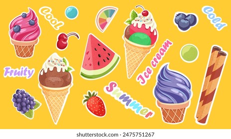 Set of bright summer stickers ice cream, fruits. Stickers for print, web design or messenger. Vector graphics.