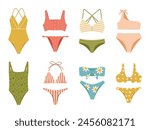 Set of bright summer swimsuits for sea. Collection of swimwear for vacations and trips to sea
