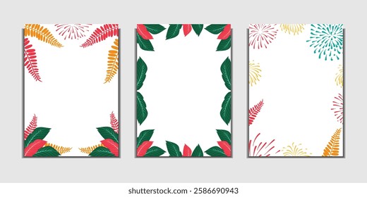 Set of bright summer vector frames for carnival, holiday, party and birthday. Borders made of fireworks, colored leaves.	