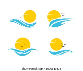 Set of Bright Sun and sea vawes icon logo sunrise sunset