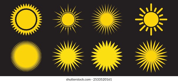 Set of bright Sunburst element radial stripes in various designs. Sunburst icon collection in dark background. Bursting golden sun rays. . Abstract Vintage starburst collection. Vector illustration. 