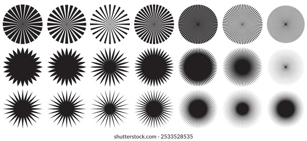 Conjunto de colección de icono brillante Sunburst en fondo blanco. Rayas radiales de elemento Sunburst en color negro.  Abstractas colección de estallido estelar de Antiguas en varios diseños.  Ilustración vectorial. 
