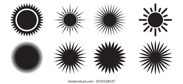 Conjunto de colección de icono brillante Sunburst en fondo blanco. Rayas radiales de elemento Sunburst en color negro.  Abstractas colección de estallido estelar de Antiguas en varios diseños.  Ilustración vectorial. 
