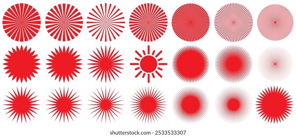 Conjunto de colección de icono brillante Sunburst en color rojo sobre fondo blanco. Elemento Sunburst rayas radiales rayos de sol.  Abstractas colección de estallido estelar de Antiguas en varios diseños.  Ilustración vectorial. 
