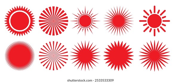 Conjunto de colección de icono brillante Sunburst en color rojo sobre fondo blanco. Elemento Sunburst rayas radiales rayos de sol.  Abstractas colección de estallido estelar de Antiguas en varios diseños.  Ilustración vectorial. 
